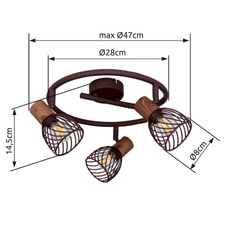 Stropní svítidlo, kov v barvě imitující rez, kov imitace dřeva, Ø28cm, V:16cm, bez žárovek 3xE14, Max. 40W 230V