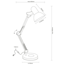 Stolní lampa, modrý kov, plast, nastavitelné, kabel 1,5m vypínač, ŠxV: 40x59cm, bez žárovky 1xE27, max. 40W 230V.