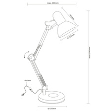 Stolní lampa, bílý kov, plast, nastavitelné, vypínač, ŠxV: 40x59cm, bez žárovky 1xE27, max. 40W 230V.