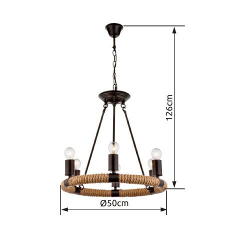 Závěsné svítidlo, kov, černá, hnědé konopné lano, Ø50cm, V:126cm, bez žárovek 6xE27, max. 40W 230V.