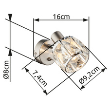 Nástěnné svítidlo, kov nikl matný, chrom, skleněný křišťál průhledný, vypínač, ŠxV: 9x13cm, H:16cm, bez žárovky 1xE14, max. 40W 230V