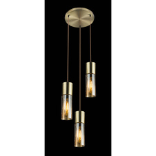 Závěsné svítidlo, kov zlatý matný, sklo amber, hnědý textilní kabel, Ø30cm, V:150cm, bez žárovek 3xE27, max. 25W 230V