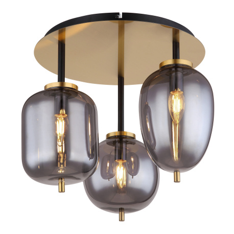 Stropní svítidlo, kov černý, mosaz, kouřové sklo, Ø46cm, V:36cm, bez žárovek 3xE14, max. 40W 230V