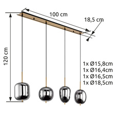Závěsné svítidlo, kov černý, mosaz, kouřové sklo, DxŠxV: 110x19x120cm, bez žárovek 4xE14, max. 40W 230V