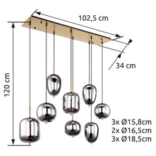 Závěsné svítidlo, kov černý, mosaz, kouřové sklo, DxŠxV: 103x34x120cm, bez žárovek 8xE14, max. 40W 230V