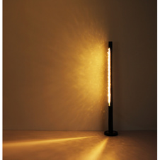 Stojací lampa, kov černý, dřevo černé, průhledné akrylové křišťály, mosazný kroužek, stmívač, Ø23cm, V:151cm, délka kabelu 2m, včetně LED 15W 230V, 150-1500lm