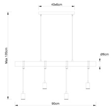 Závěsné svítidlo, kov černý, dřevo černé, textilní kabel šampaň, DxŠxV: 90x6x120cm, bez žárovek 4xE27, max. 60W 230V