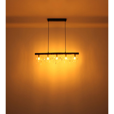 Závěsné svítidlo, kov černý, dřevo hnědé, skleněné křišťály, textilní černý kabel, DxŠxV: 90x6x120cm, bez žárovek 5xE14, max. 40W 230V