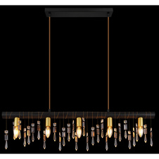 Závěsné svítidlo, kov černý, dřevo černé, skleněné křišťály, textilní kabel šampaň, DxŠxV: 90x6x120cm, bez žárovek 5xE14, max. 40W 230V