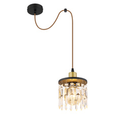 Závěsné svítidlo, mosaz, dřevo černé, skleněné křišťály, textilní kabel hnědý, nastavitelná výška, Ø15cm, V:120cm, bez žárovky 1xE27, max. 40W 230V