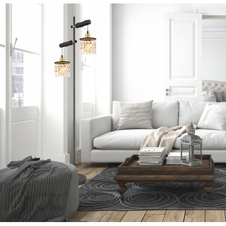 Stojací lampa, mosaz, dřevo černé, skleněné křišťály, textilní kabel hnědý, s vypínačem na kabelu, nastavitelná výška, DxŠxV: 51x25x168cm, délka kabelu 1,8m, bez žárovek 2xE27, max. 40W 230V