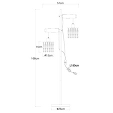 Stojací lampa, mosaz, dřevo černé, skleněné křišťály, textilní kabel hnědý, s vypínačem na kabelu, nastavitelná výška, DxŠxV: 51x25x168cm, délka kabelu 1,8m, bez žárovek 2xE27, max. 40W 230V