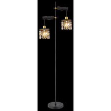 Stojací lampa, mosaz, dřevo černé, skleněné křišťály, textilní kabel hnědý, s vypínačem na kabelu, nastavitelná výška, DxŠxV: 51x25x168cm, délka kabelu 1,8m, bez žárovek 2xE27, max. 40W 230V
