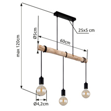 Závěsné svítidlo, kov černý, dřevo, textilní kabel černý, DxŠxV: 60x5x120cm, bez žárovek 3xE27, max. 60W 230V