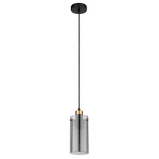 Závěsné svítidlo, kov černý, kov mosaz, kouřové sklo, textilní černý kabel, Ø10cm, V:120cm, bez žárovky 1xE27, max. 40W 230V