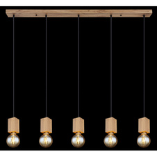Závěsné svítidlo, kov černý, MDF imitace dřeva, nastavitelná výška, DxŠxV: 115x6x120cm, bez žárovek 5x E27,max. 60W 230V