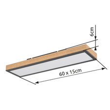 Stropní svítidlo, hliník grafit, MDF vzhled dřeva, akryl bílý, DxŠxV: 60x15x6cm, včetně LED 18W 230V, 1920lm zdroj, 1000lm výstup, 3000K