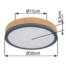 Stropní svítidlo, kov grafit, MDF vzhled dřeva, plast bílý, Ø:30cm, V:9cm, včetně LED 12W 230V, 1600lm zdroj, 950lm výstup, 3000K