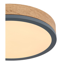 Stropní svítidlo, kov grafit, MDF vzhled dřeva, plast bílý, Ø:30cm, V:9cm, včetně LED 12W 230V, 1600lm zdroj, 950lm výstup, 3000K
