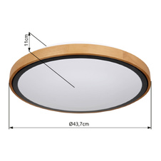 Stropní svítidlo, kov černý, dřevo hnědé, akryl bílý, Ø44cm, V:11cm, včetně LED 24W 230V, 2400lm zdroj, 1000lm výstup, změna barvy světla přepínačem na svítidle 3000/4500/6000K