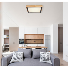 Stropní svítidlo, kov černý, dřevo hnědé, akryl bílý, DxŠxV: 39x39x9cm, včetně LED 24W 230V, 2500lm zdroj, 1020lm výstup, změna barvy světla přepínačem na svítidle 3000/4500/6000K