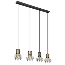 Závěsné svítidlo, kov černý, kovová mřížka černá, černý PVC kabel, DxŠxV: 72x13x120cm, bez žárovek 4xE27, max. 40W 230V