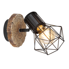 Nástěnné svítidlo, kov černý, plast vzhled dřeva, kovová mřížka, ŠxV: 13x19cm, H:20cm, bez žárovky 1xE27, max. 60W 230V