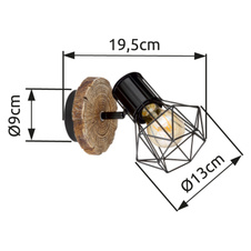 Nástěnné svítidlo, kov černý, plast vzhled dřeva, kovová mřížka, ŠxV: 13x19cm, H:20cm, bez žárovky 1xE27, max. 60W 230V