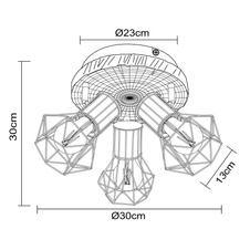 Stropní svítidlo, kov černý, plast vzhled dřeva, kovová mřížka, Ø30cm, V:30cm, bez žárovek 3xE27, max. 60W 230V