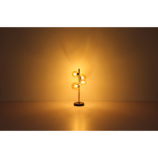 Stolní lampa, kov černý, kov mosaz, sklo jantarové, s vypínačem na kabelu, DxŠxV: 24x19x48cm, délka kabelu 2,4m, včetně 4xG9 LED 3,5W 230V, 350lm zdroj, 80lm výstup, 3000K