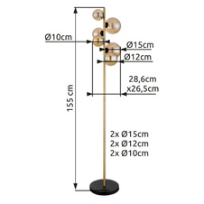 Stojací svítidlo, kov černý, kov mosaz, sklo jantarové, nožní vypínač, DxŠxV: 29x27x155cm, délka kabelu 2,4m, včetně 6xG9 LED 3,5W 230V, 350lm zdroj, 80lm výstup, 3000K