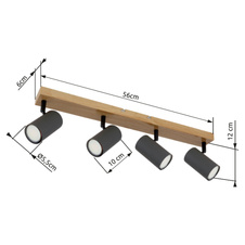 Stropní svítidlo, kov grafit/černý/vzhled dřeva, DxŠxV: 56x6x12cm, bez žárovek 4xGU10, max. 35W 230V