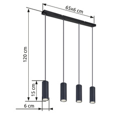 Závěsné svítidlo, kov černý, černý PVC kabel, DxŠxV: 65x6x120cm, bez žárovek 4xGU10, max. 35W 230V