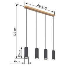 Závěsné svítidlo, kov grafit/vzhled dřeva, černý PVC kabel, DxŠxV: 65x6x120cm, bez žárovek 4x GU10, 35W 230V