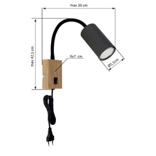 Nástěnné svítidlo, kov nikl mat, plast černý, černý PVC kabel, s vypínačem, Flexo, ŠxV: 7x44cm, H:32cm, délka kabelu 1,5m, bez žárovky 1xGU10, max. 25W 230V