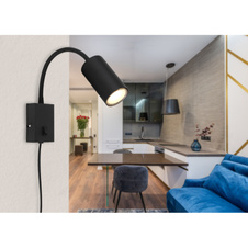 Nástěnné svítidlo, kov černý, plast černý, černý PVC kabel, s vypínačem, Flexo, ŠxV:7x44cm, H:32cm, délka kabelu 1,5m, bez žárovky 1xGU10, max. 25W 230V
