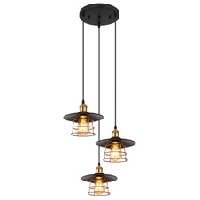 Závěsné svítidlo, kov černý, mosaz, černý PVC kabel, Ø:33cm, V:155cm, bez žárovek 3xE27, max. 60W 230V