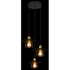 Závěsné svítidlo, kov černý, mosaz, černý PVC kabel, Ø:33cm, V:155cm, bez žárovek 3xE27, max. 60W 230V