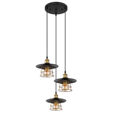 Závěsné svítidlo, kov černý, mosaz, černý PVC kabel, Ø:33cm, V:155cm, bez žárovek 3xE27, max. 60W 230V