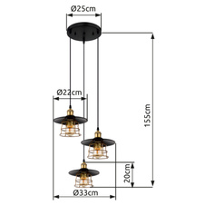 Závěsné svítidlo, kov černý, mosaz, černý PVC kabel, Ø:33cm, V:155cm, bez žárovek 3xE27, max. 60W 230V