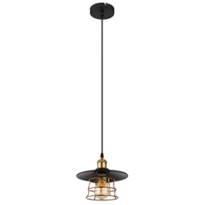 Závěsné svítidlo, kov černý, mosaz, černý PVC kabel, Ø:20cm, V:150cm, bez žárovky 1xE27, max. 60W 230V