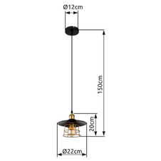 Závěsné svítidlo, kov černý, mosaz, černý PVC kabel, Ø:20cm, V:150cm, bez žárovky 1xE27, max. 60W 230V