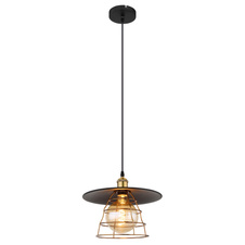 Závěsné svítidlo, kov černý, mosaz, kovové pletivo, černý PVC kabel, Ø30cm, V:150cm, bez žárovky 1xE27, max. 60W 230V