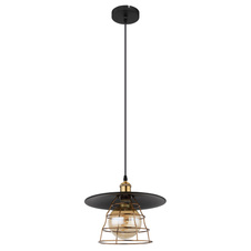 Závěsné svítidlo, kov černý, mosaz, kovové pletivo, černý PVC kabel, Ø30cm, V:150cm, bez žárovky 1xE27, max. 60W 230V