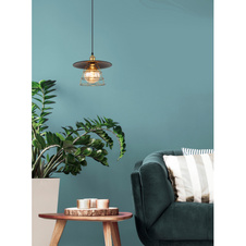 Závěsné svítidlo, kov černý, mosaz, kovové pletivo, černý PVC kabel, Ø30cm, V:150cm, bez žárovky 1xE27, max. 60W 230V