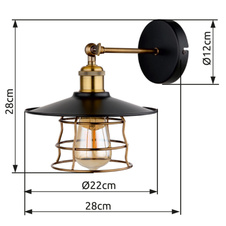 Nástěnné svítidlo, kov černý, mosaz, kovové pletivo, ŠxV:22x28cm, H:28cm, bez žárovky 1xE27, max. 60W 230V