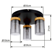 Stropní svítidlo, kov černý, dřevo, kouřové sklo, Ø39cm, V:21cm, bez žárovek 3xE27, max. 40W 230V
