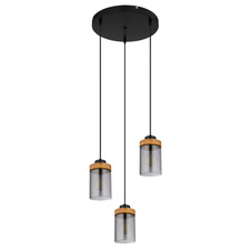 Závěsné svítidlo, kov černý, dřevo, kouřové sklo, Ø39cm, V:150cm, bez žárovek 3xE27, max. 40W 230V