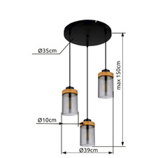 Závěsné svítidlo, kov černý, dřevo, kouřové sklo, Ø39cm, V:150cm, bez žárovek 3xE27, max. 40W 230V