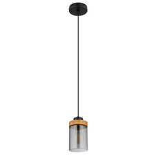 Závěsné svítidlo, kov černý, dřevo, kouřové sklo, Ø10cm, V:150cm, bez žárovky 1xE27, max. 40W 230V